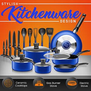 SereneLife Kitchenware Pots & Pans Basic Kitchen Cookware, Black Non-Stick Coating Inside, Heat Resistant Lacquer (20-Piece Set), One Size, Blue