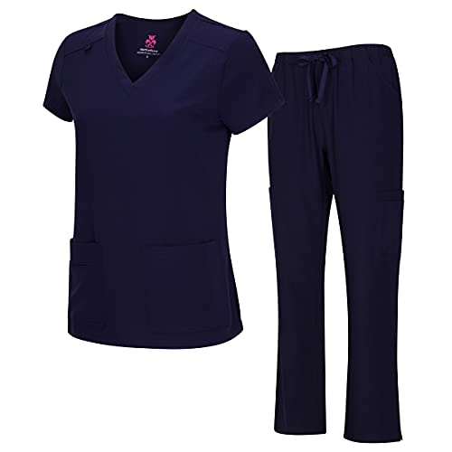 Natural Uniforms Women's Cool Stretch V-Neck Top and Cargo Pant Set (True Navy Blue, X-Large)