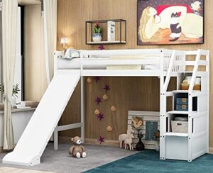 bellemave wood loft bed with slide, twin loft bed with staircase, loft bed with storage for kids girls boys, white