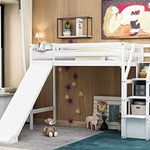 Bellemave Wood Loft Bed with Slide, Twin Loft Bed with Staircase, Loft Bed with Storage for Kids Girls Boys, White