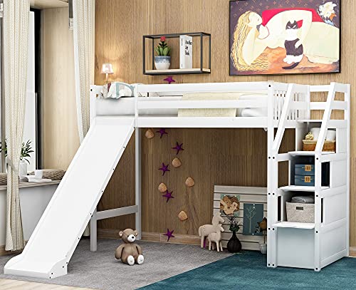 Bellemave Wood Loft Bed with Slide, Twin Loft Bed with Staircase, Loft Bed with Storage for Kids Girls Boys, White