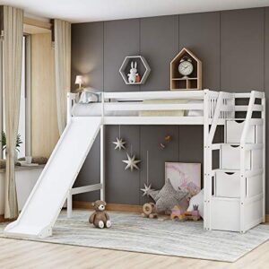 Bellemave Wood Loft Bed with Slide, Twin Loft Bed with Staircase, Loft Bed with Storage for Kids Girls Boys, White