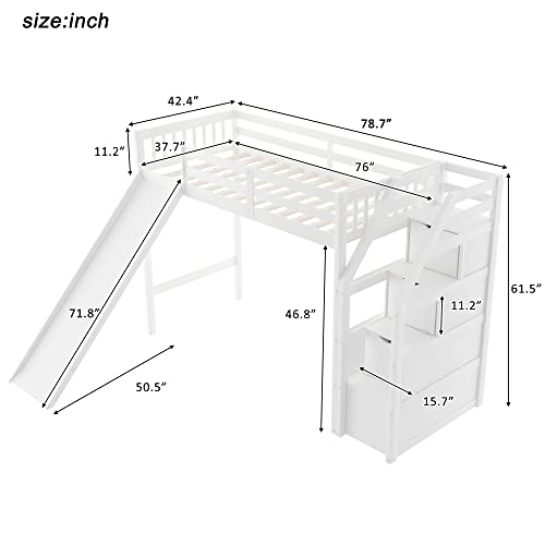 Bellemave Wood Loft Bed with Slide, Twin Loft Bed with Staircase, Loft Bed with Storage for Kids Girls Boys, White