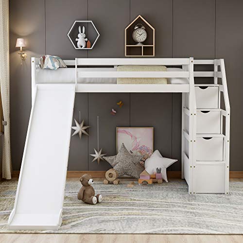 Bellemave Wood Loft Bed with Slide, Twin Loft Bed with Staircase, Loft Bed with Storage for Kids Girls Boys, White