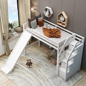 Bellemave Wood Loft Bed with Slide, Twin Loft Bed with Staircase, Loft Bed with Storage for Kids Girls Boys, White