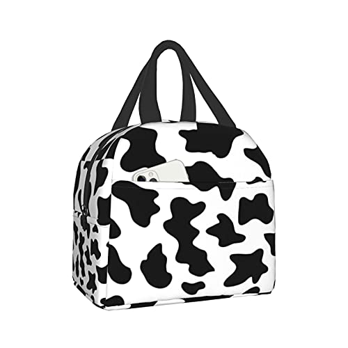 carati Insulated Lunch Bag Women Girls, Reusable Cute Tote Lunch Box for Kids & Men, Leakproof Cooler Lunch Bags for School Work Office Travel Picnic, (White and Black Cow Print)