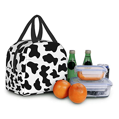 carati Insulated Lunch Bag Women Girls, Reusable Cute Tote Lunch Box for Kids & Men, Leakproof Cooler Lunch Bags for School Work Office Travel Picnic, (White and Black Cow Print)