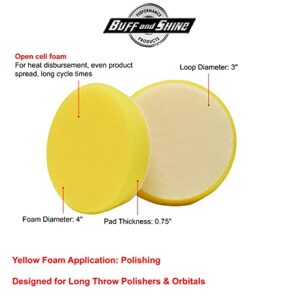 Buff and Shine - Buffing Pads for Long Stroke Long Throw Polishers and Orbitals - URO-TEC 334BN Yellow - Polishing Open Cell Foam - 4 inch Surface|3 inch Hook and Loop (2 Pads)