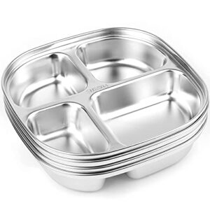 DEAYOU 4 Pack 18/10 Stainless Steel Divided Plates, Small Platter Compartment Tray with 4 Sections, Portion Control Serving Plate, Mess Food Sectioned Tray for Dinner, Lunch, Child, Cafeteria, 7.7"