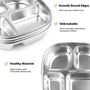 DEAYOU 4 Pack 18/10 Stainless Steel Divided Plates, Small Platter Compartment Tray with 4 Sections, Portion Control Serving Plate, Mess Food Sectioned Tray for Dinner, Lunch, Child, Cafeteria, 7.7"