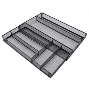 hangyali expandable cutlery tray mesh flatware metal non-slip 6 compartments kitchen drawer utensil organizer (black)