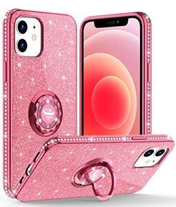 ocyclone for iphone 12 case, iphone 12 pro case, luxury glitter sparkle diamond bumper cover with ring stand soft cute protective iphone 12/12 pro phone case for women girls 6.1 inch - pink