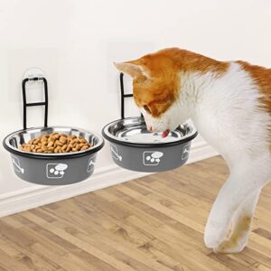 torlam elevated cat bowls, wall mounted cat food dish, raised cat food and water bowls, stainless steel elevated pet bowls with stand, nonslip no spill pet feeding bowls (2 packs) (grey)