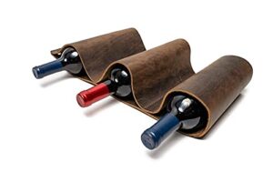 3 bottle wall mounted wine rack. space saving wine rack, leather wall wine rack for unique wine gifts for wine lovers. wine bottle holder doubles up as leather magazine rack…