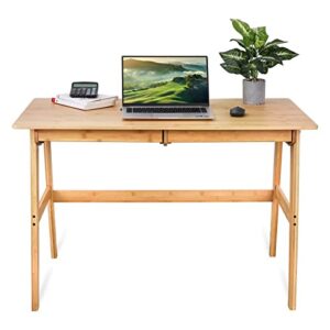 Dicunoy Computer Desk with 2 Drawers, 46" Solid Bamboo Home Office Writing Desk for Small Spaces, Compact Simple Style Tables with Gap Design and Hook for PC, Laptop, Students, Study, Makeup, Bedroom