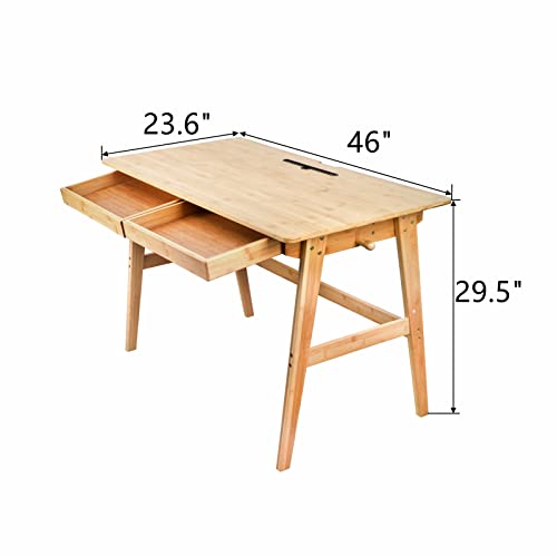 Dicunoy Computer Desk with 2 Drawers, 46" Solid Bamboo Home Office Writing Desk for Small Spaces, Compact Simple Style Tables with Gap Design and Hook for PC, Laptop, Students, Study, Makeup, Bedroom