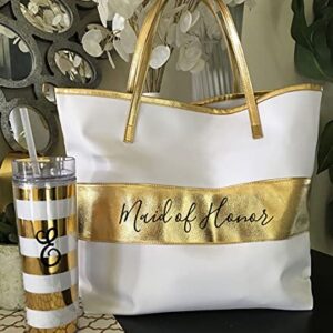 Bridal Party Tote Bags White & Gold Bride Gift Bag Bridesmaid Tote Bridal Shower Gift Idea (Maid of Honor)