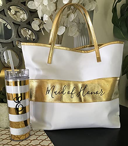 Bridal Party Tote Bags White & Gold Bride Gift Bag Bridesmaid Tote Bridal Shower Gift Idea (Maid of Honor)