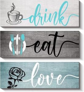 creoate teal kitchen wall decor art, set of 3- eat drink and love wood plaque, dinning room wall art rustic farmhouse decor, turquoise, gift for home