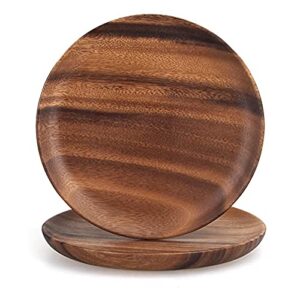 lezhitao 10 inch best acacia wooden dinner plates set of 2, round wood serving tray wooden sandwich fruit platter for food vegetable salad plate tray reusable eco friendly plates