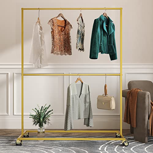 MaiRHK Metal Clothing Rack on Wheels, Gold Garment Rack Rolling Clothes Rack with Double Hanging Rod for Bedroom, Hall, Clothes Store and Boutique-(47.2''L)