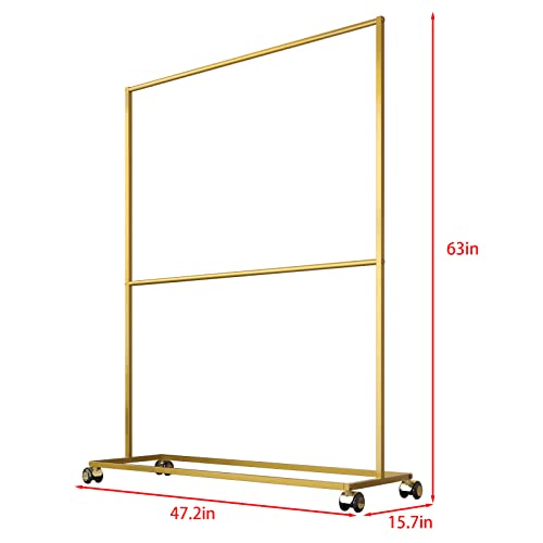 MaiRHK Metal Clothing Rack on Wheels, Gold Garment Rack Rolling Clothes Rack with Double Hanging Rod for Bedroom, Hall, Clothes Store and Boutique-(47.2''L)