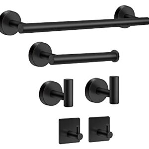 6-Piece Matte Black Bathroom Hardware Set Black Towel Bar Set, Stainless Steel Towel Racks for Bathroom, 16" Black Hand Towel Bar + Toilet Paper Holder + 4 Towel Hook Bathroom Hardware Accessories Set