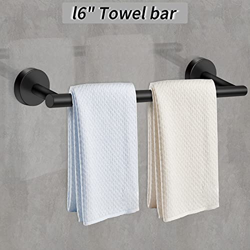 6-Piece Matte Black Bathroom Hardware Set Black Towel Bar Set, Stainless Steel Towel Racks for Bathroom, 16" Black Hand Towel Bar + Toilet Paper Holder + 4 Towel Hook Bathroom Hardware Accessories Set