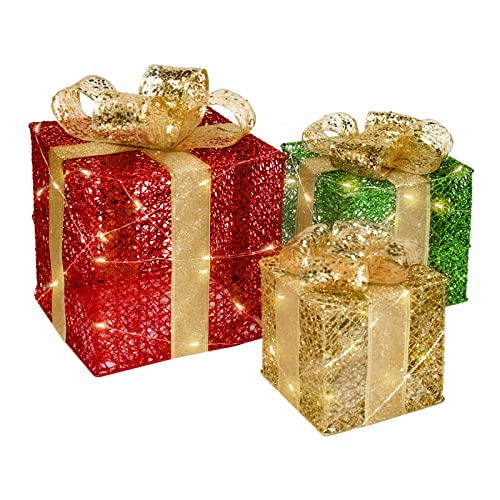 Lighted Gift Boxes Christmas Decorations Boxes 3pcs Pre-Lit Present Boxes Ornament Outdoor Christmas Tinsel Boxes Decoration with Bows for Outside Xmas Home Yard Decor