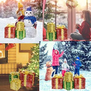 Lighted Gift Boxes Christmas Decorations Boxes 3pcs Pre-Lit Present Boxes Ornament Outdoor Christmas Tinsel Boxes Decoration with Bows for Outside Xmas Home Yard Decor