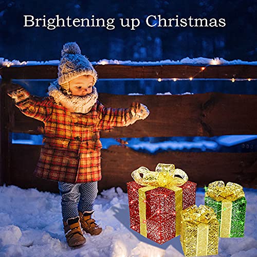 Lighted Gift Boxes Christmas Decorations Boxes 3pcs Pre-Lit Present Boxes Ornament Outdoor Christmas Tinsel Boxes Decoration with Bows for Outside Xmas Home Yard Decor