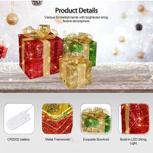 Lighted Gift Boxes Christmas Decorations Boxes 3pcs Pre-Lit Present Boxes Ornament Outdoor Christmas Tinsel Boxes Decoration with Bows for Outside Xmas Home Yard Decor