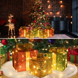 Lighted Gift Boxes Christmas Decorations Boxes 3pcs Pre-Lit Present Boxes Ornament Outdoor Christmas Tinsel Boxes Decoration with Bows for Outside Xmas Home Yard Decor