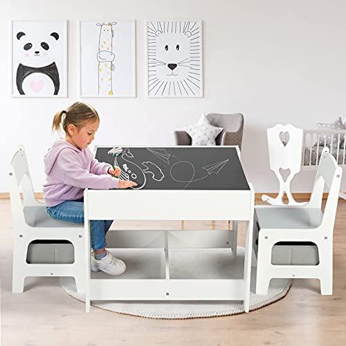 Kinder King Kids Wood Table & 2 Chairs Set, 3 in 1 Children Activity Table w/Storage, Removable Tabletop, Blackboard, 3-Piece Toddler Furniture Set for Art, Crafts, Drawing, Reading, Playroom, Grey