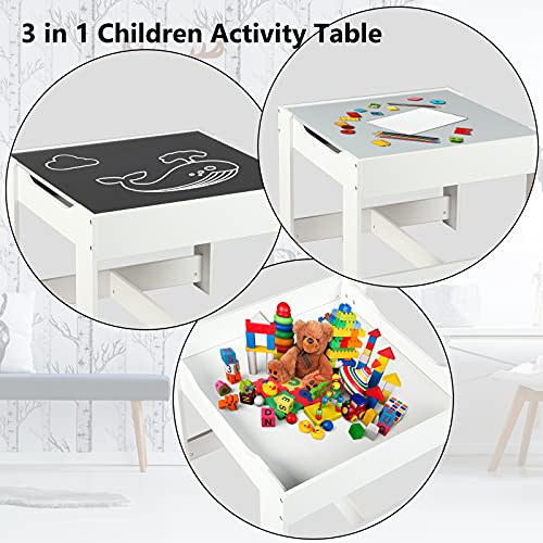 Kinder King Kids Wood Table & 2 Chairs Set, 3 in 1 Children Activity Table w/Storage, Removable Tabletop, Blackboard, 3-Piece Toddler Furniture Set for Art, Crafts, Drawing, Reading, Playroom, Grey