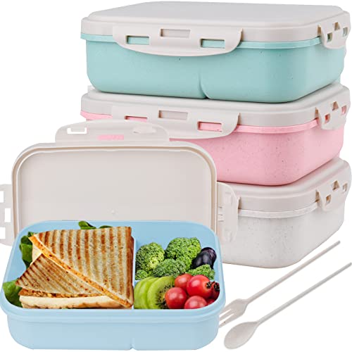 Dicunoy 4 Pack Bento Box, Lunch Box Container with 3 Compartments for Kids, Easy Snack Boxes with Utensils for Dinner, Salad, Toddler, Adults, School, Work