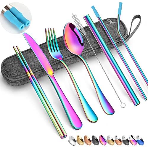 Travel Reusable Utensils Silverware with Case,Camping Cutlery set,Chopsticks and Straw for Camping, Portable Flatware Cutlery Set with Case, Stainless steel Travel Utensil set 8 Piece AF(Rainbow)