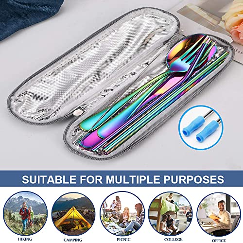 Travel Reusable Utensils Silverware with Case,Camping Cutlery set,Chopsticks and Straw for Camping, Portable Flatware Cutlery Set with Case, Stainless steel Travel Utensil set 8 Piece AF(Rainbow)