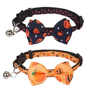 PTDECOR Halloween Cat Collars with Bow Tie Bell, 2 Pack Breakaway Kitten Collar with Removable Bowtie Pumpkin Halloween Collar for Girl Boy Cats (Black & Yellow)