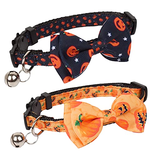 PTDECOR Halloween Cat Collars with Bow Tie Bell, 2 Pack Breakaway Kitten Collar with Removable Bowtie Pumpkin Halloween Collar for Girl Boy Cats (Black & Yellow)