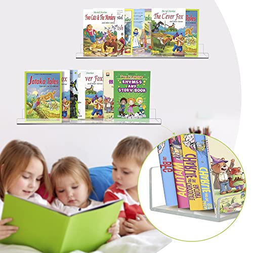 Jansburg 24 Inch Clear Floating Shelves 4 Pack Acrylic Shelves Invisible Floating Wall Ledge Bookshelf, 5MM Thick Kids Book Display Shelves Wall Mounted Bathroom Kitchen Organizer