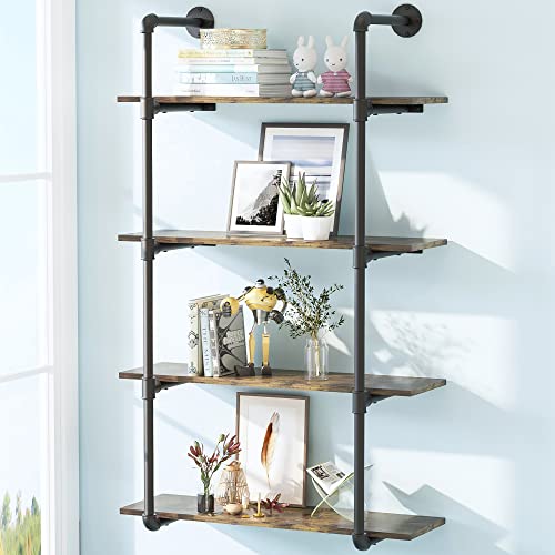 Gezen Industrial Pipe Shelving Metal Floating Shelves, Rustic Wood Ladder Bookshelf Wall Mounted Shelf Storage Bookcase for Living Room, Kitchen, Bathroom (4 Tier)