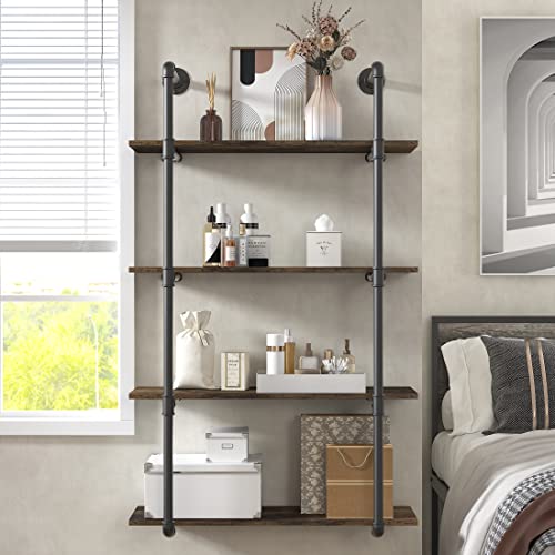 Gezen Industrial Pipe Shelving Metal Floating Shelves, Rustic Wood Ladder Bookshelf Wall Mounted Shelf Storage Bookcase for Living Room, Kitchen, Bathroom (4 Tier)