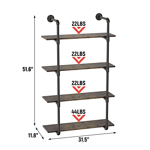 Gezen Industrial Pipe Shelving Metal Floating Shelves, Rustic Wood Ladder Bookshelf Wall Mounted Shelf Storage Bookcase for Living Room, Kitchen, Bathroom (4 Tier)