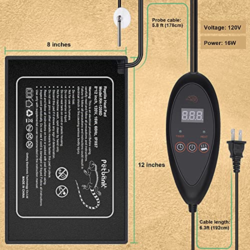 Petbank Reptile Hating Pad-Seedling Heat Mat with Digital Thermostat, Water Tank Heater Heating Pad for Turtles/Snakes/Lizards/Frogs/Spiders/Plant Box/Aquariums, 8 x 12 inch