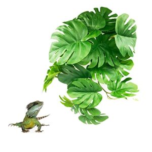 wishlotus reptile plants, plastic simulation leaf with sucker fish tank decoration(25cm), artificial green plant fake hanging leaves durable aquarium decor ornaments (dark green)
