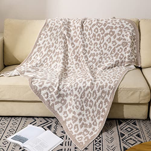 bearberry Fuzzy Leopard Knitted Throw Blanket Soft Cozy Warm Microfiber Blanket for Couch Sofa Bed Travel (Stone/Cream, 50"x60")