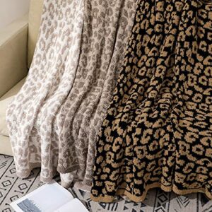 bearberry Fuzzy Leopard Knitted Throw Blanket Soft Cozy Warm Microfiber Blanket for Couch Sofa Bed Travel (Stone/Cream, 50"x60")