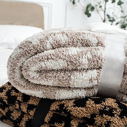 bearberry Fuzzy Leopard Knitted Throw Blanket Soft Cozy Warm Microfiber Blanket for Couch Sofa Bed Travel (Stone/Cream, 50"x60")