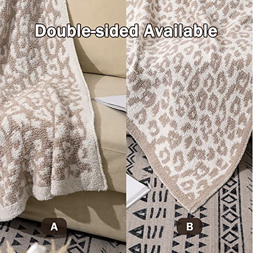 bearberry Fuzzy Leopard Knitted Throw Blanket Soft Cozy Warm Microfiber Blanket for Couch Sofa Bed Travel (Stone/Cream, 50"x60")